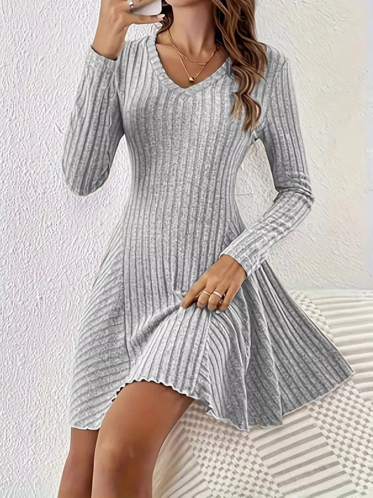 v-neck ribbed knit a-line dress – | dropsona - neutral - material texture