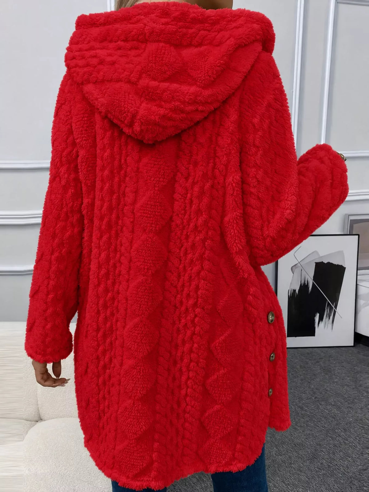 full size cozy cable-knit faux fur hooded outerwear | dropsona - neutral - size reference