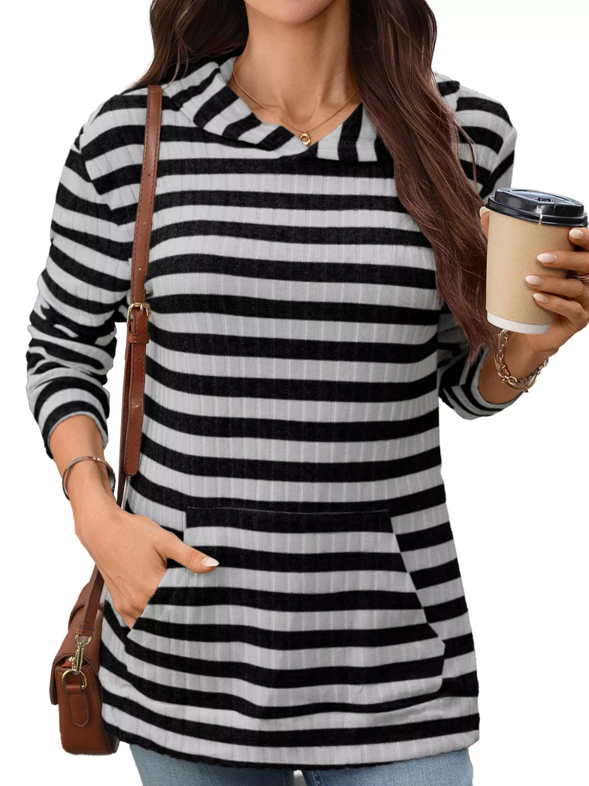 casual striped ribbed knit hoodie with kangaroo pocket | dropsona - neutral - size reference