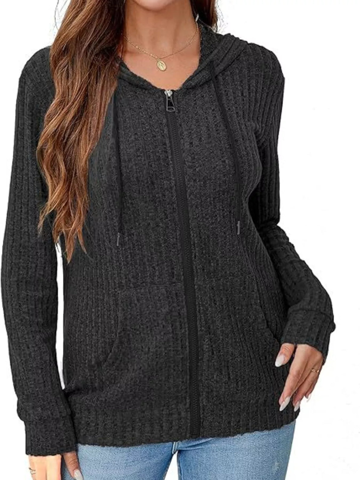 ribbed knit zip-up hooded cardigan | dropsona - neutral - everyday use