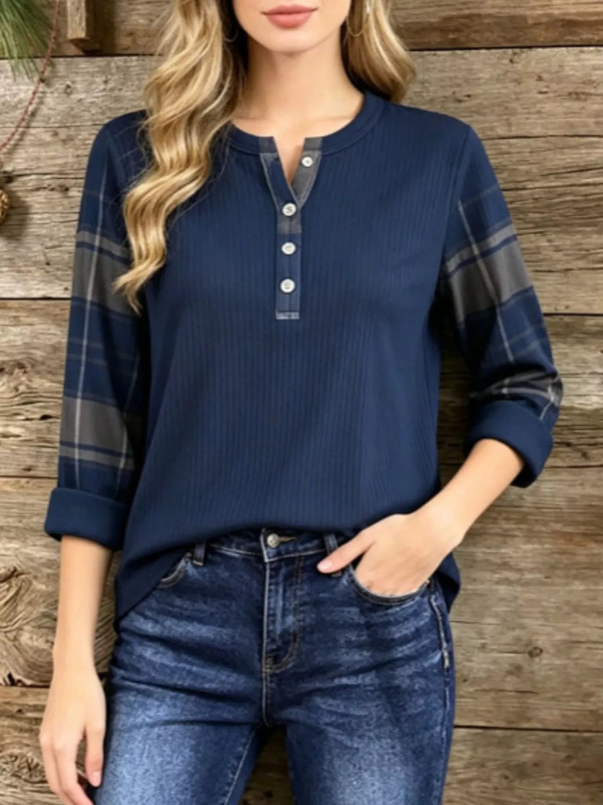 full size ribbed knit henley t-shirt with plaid | dropsona - neutral - close-up detail