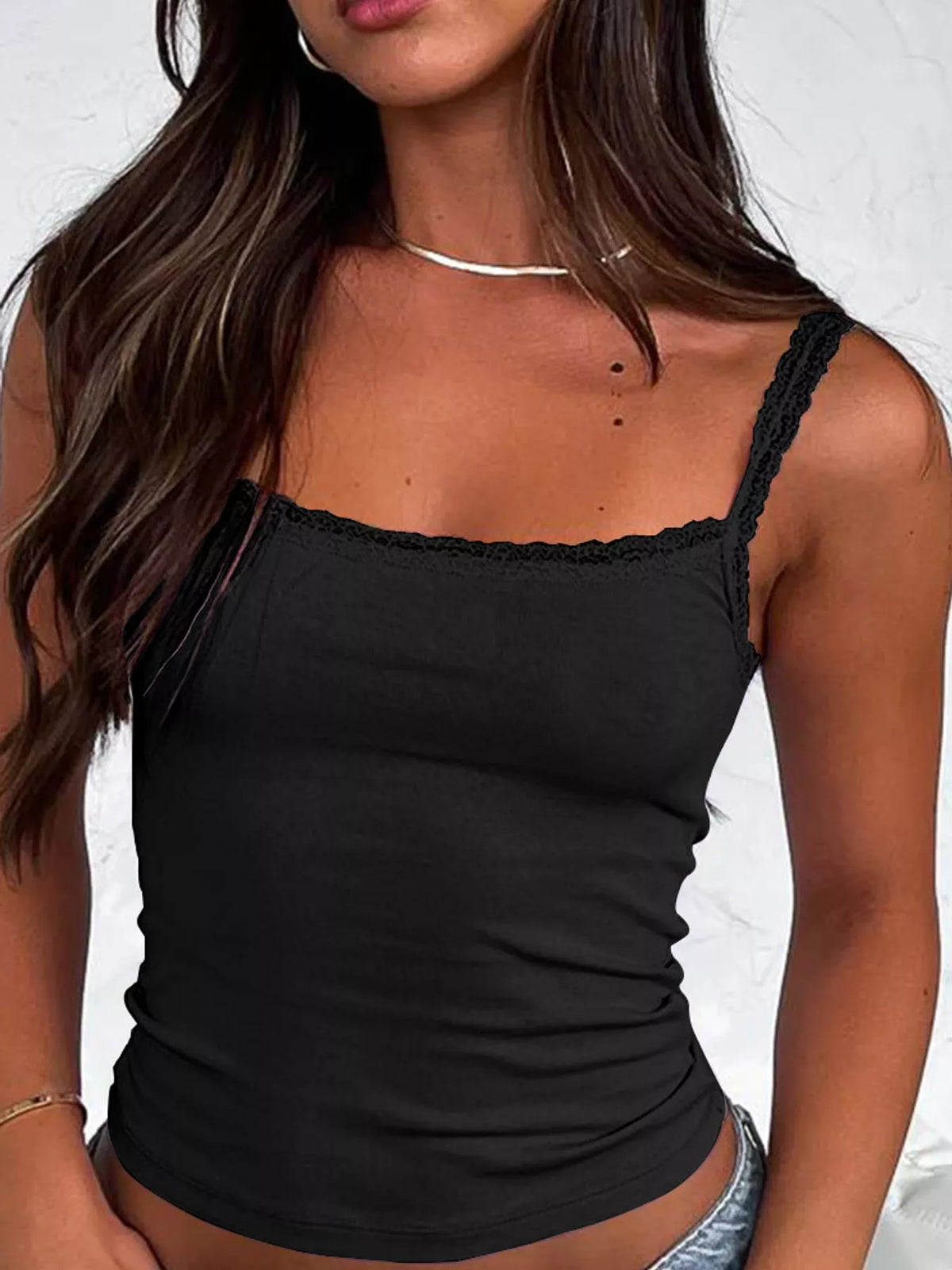 lace detail cami top – detail,ribbed,backless fit | dropsona - neutral - front view