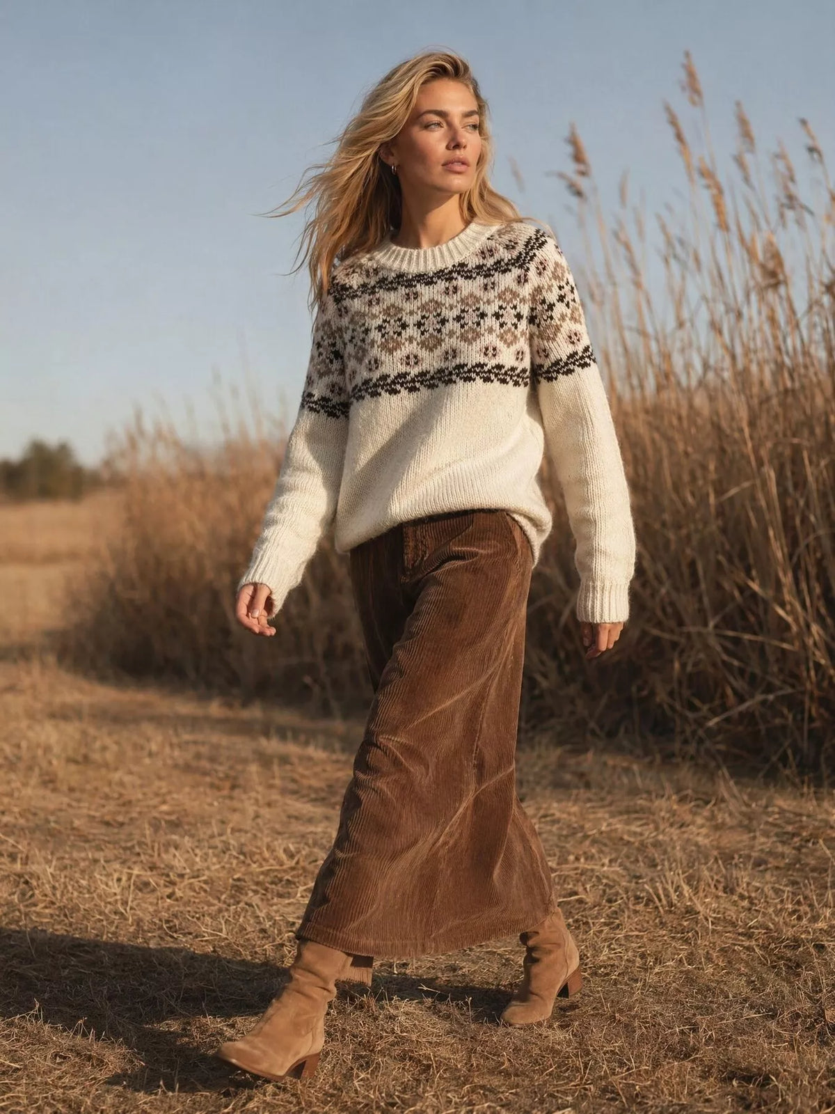 fair isle patterned round neck sweater – basic style | dropsona - neutral - close-up detail