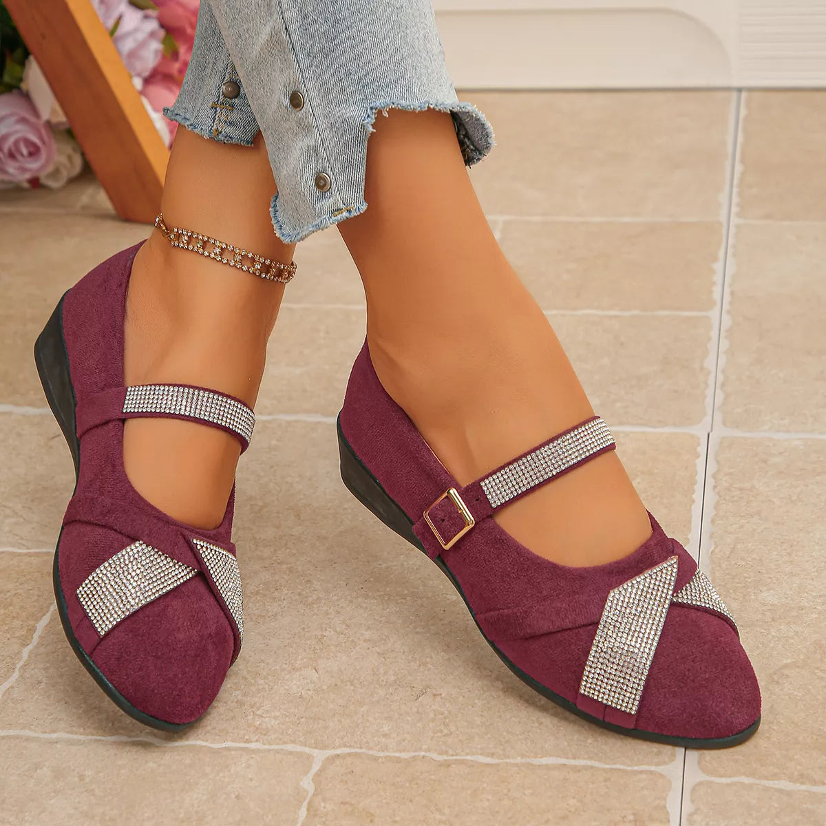 rhinestone embellished suede loafers with adjustable | dropsona - neutral - close-up detail