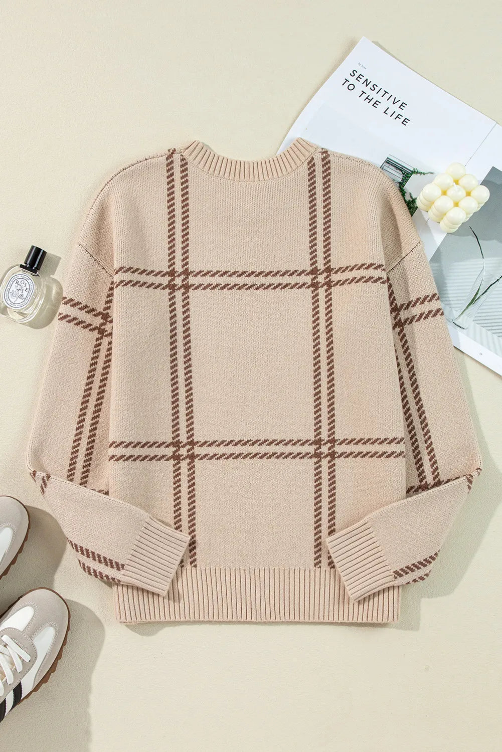 plaid round neck dropped shoulder sweater | dropsona - neutral - material texture