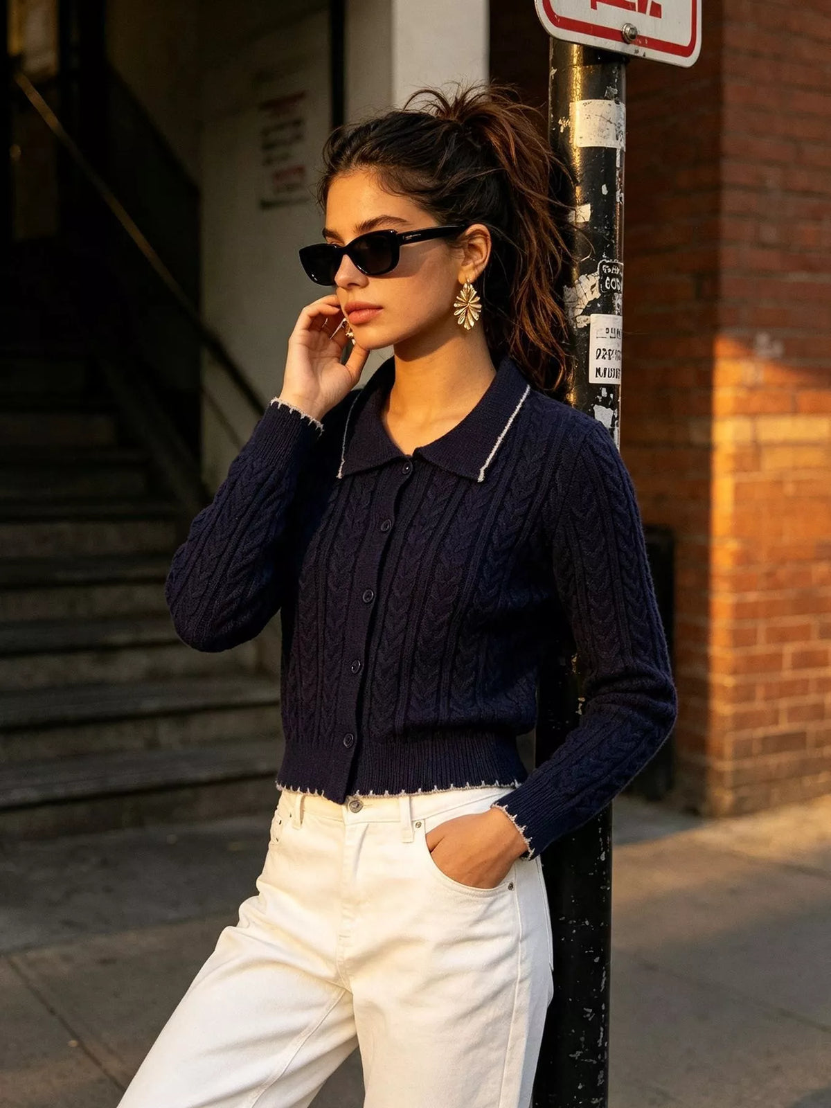 cable knit polo collar button-up cardigan | dropsona - neutral - close-up detail