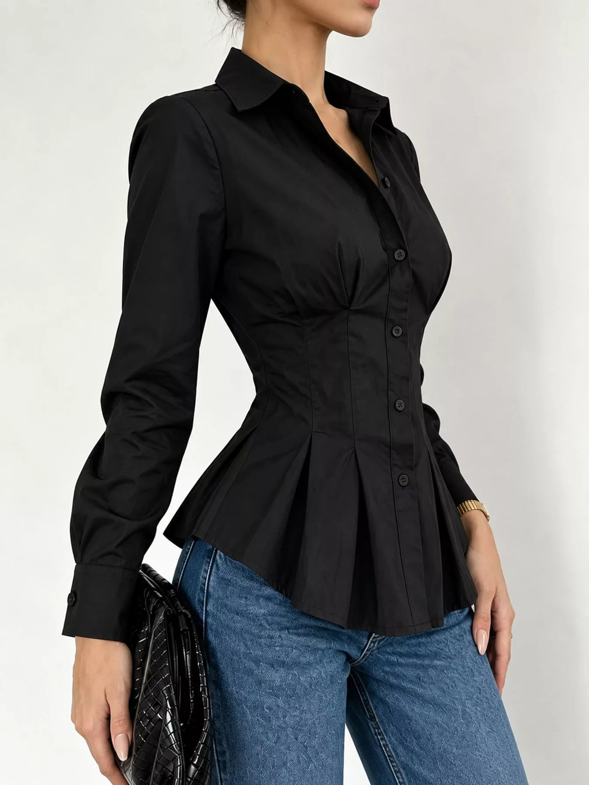 button-down peplum blouse with fitted waist | dropsona - neutral - size reference
