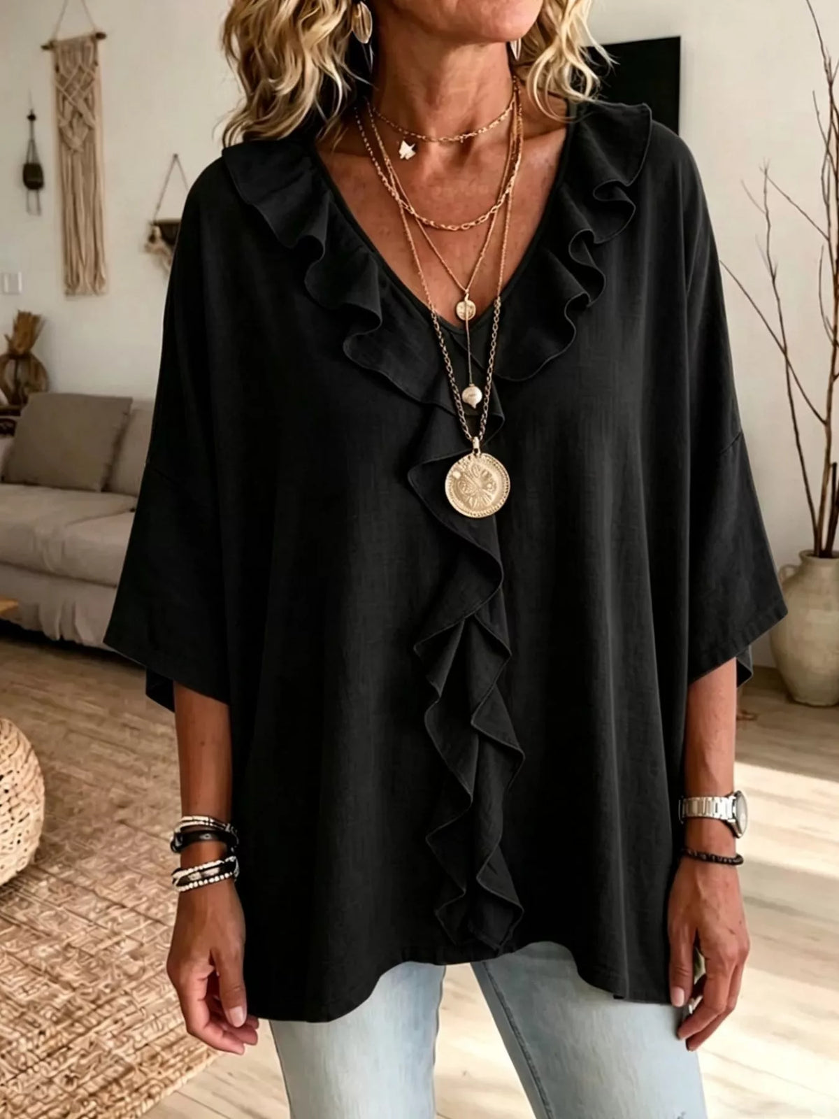 full size ruffle v-neck 3/4 sleeve blouse plus | dropsona - neutral - close-up detail