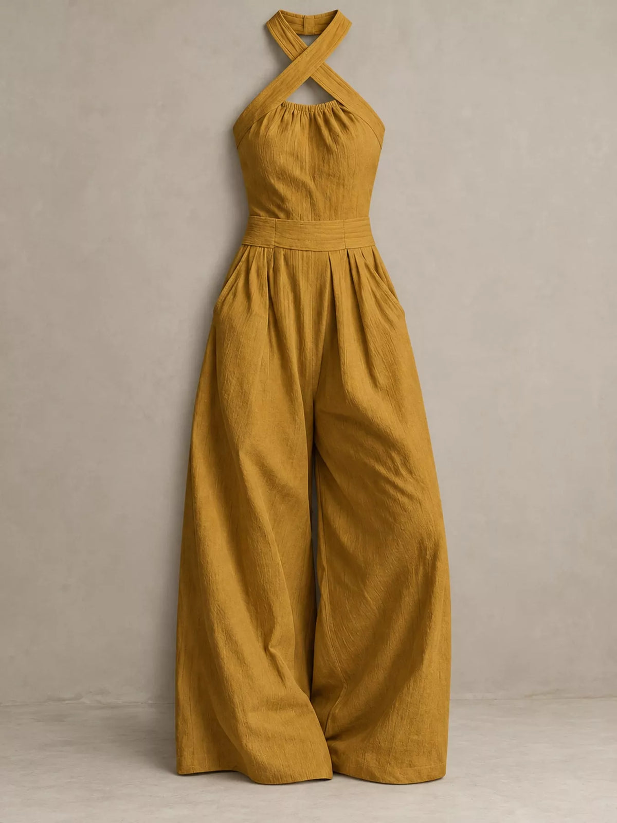 full size halter neck wide-leg jumpsuit plus | dropsona - neutral - size reference
