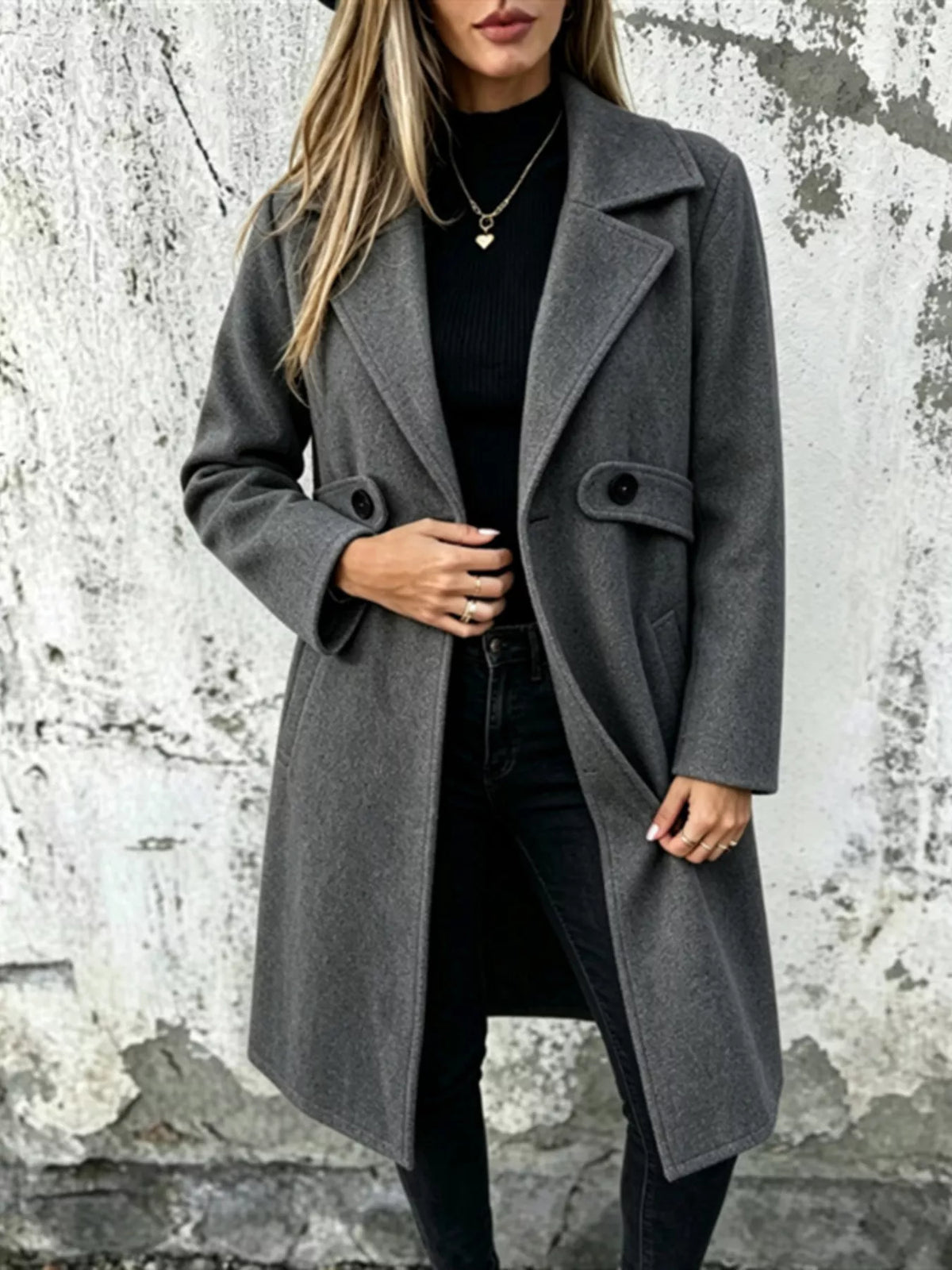 full size lapel collar longline overcoat plus | dropsona - neutral - close-up detail