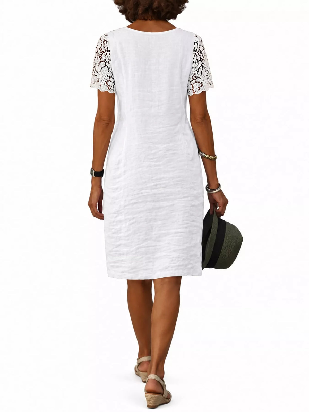 full size scalloped v-neck lace sleeve mini dress | dropsona - neutral - close-up detail