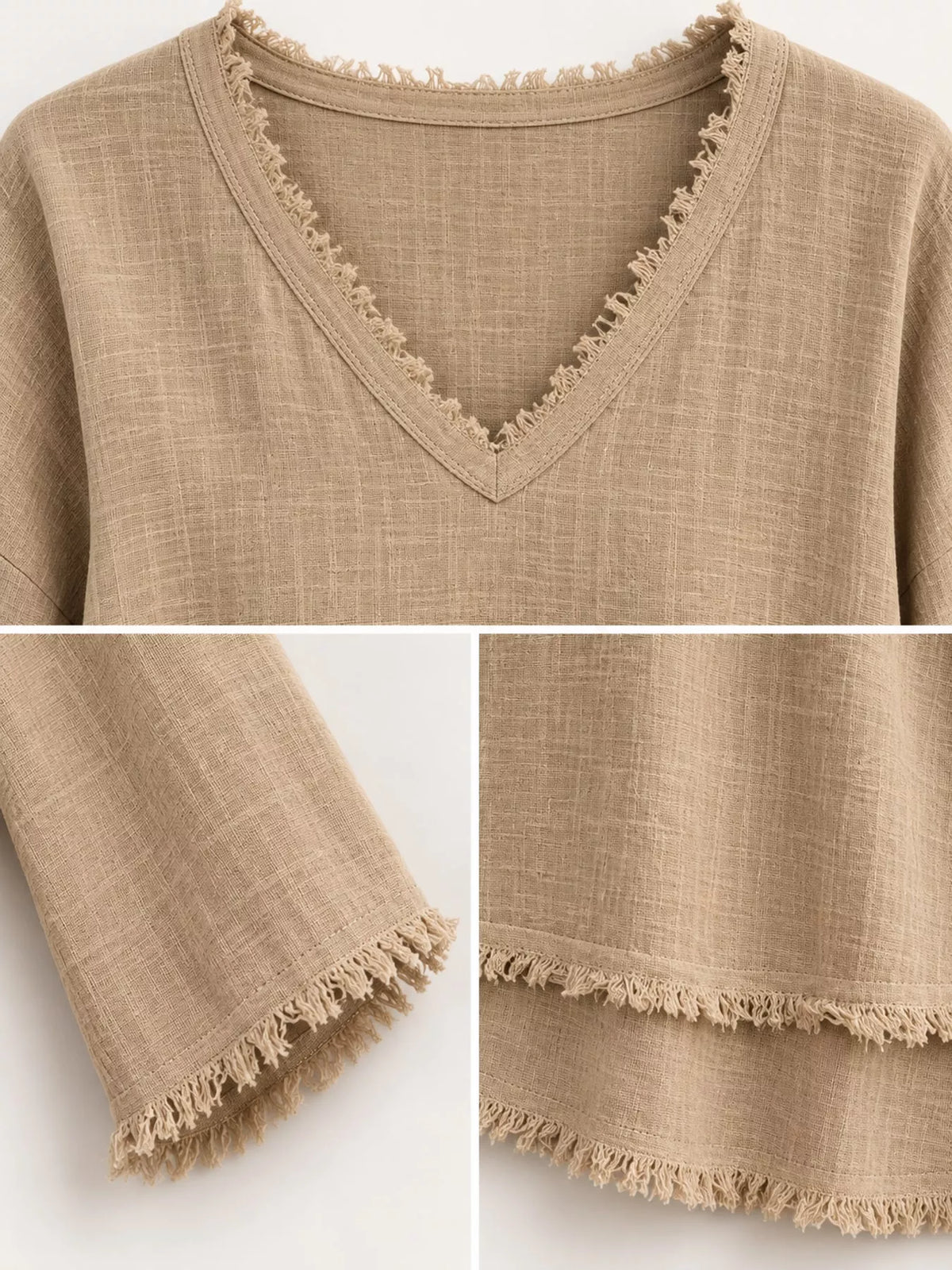 full size frayed hem v-neck blouse plus | dropsona - neutral - size reference