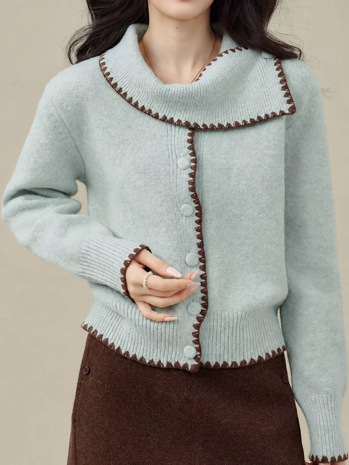 contrast-trimmed scarf collar cardigan | dropsona - neutral - everyday use