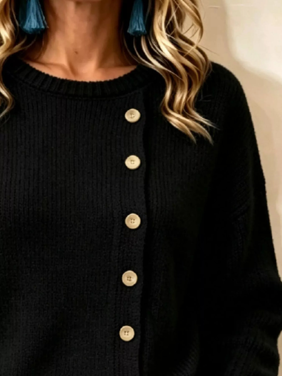 decorative button dropped shoulder sweater – buttoned | dropsona - neutral - usage example