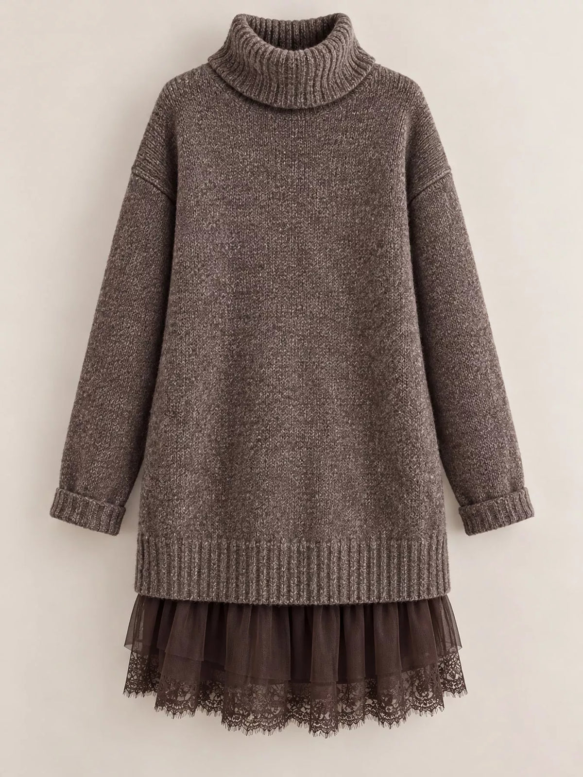 full size turtleneck sweater and lace hem dress set | dropsona - neutral - front view