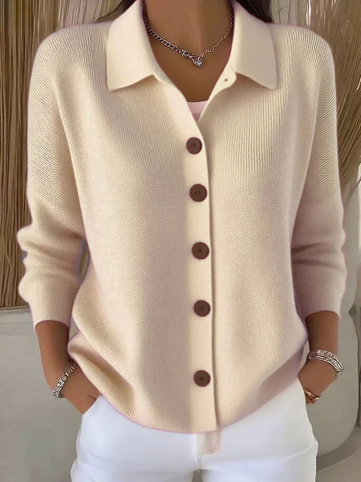 full size collared button-down knit cardigan plus | dropsona - neutral - material texture