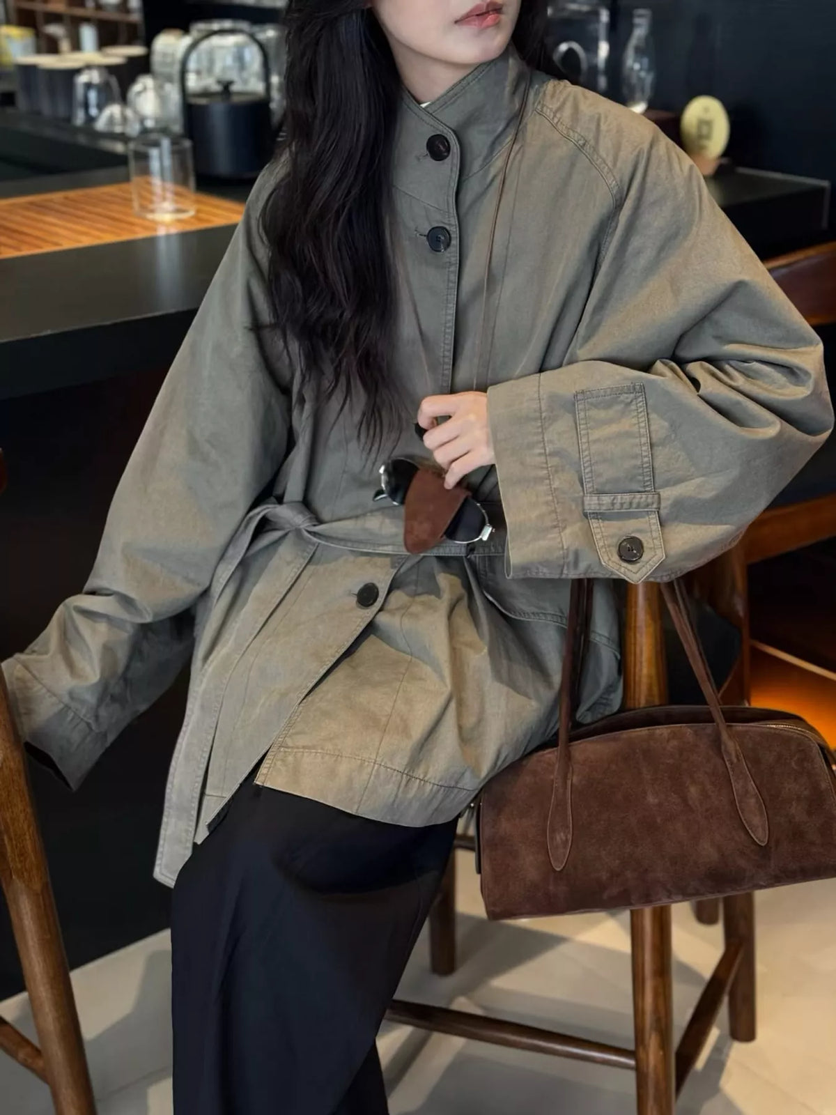 vintage style stand-collar belted utility jacket | dropsona - neutral - material texture