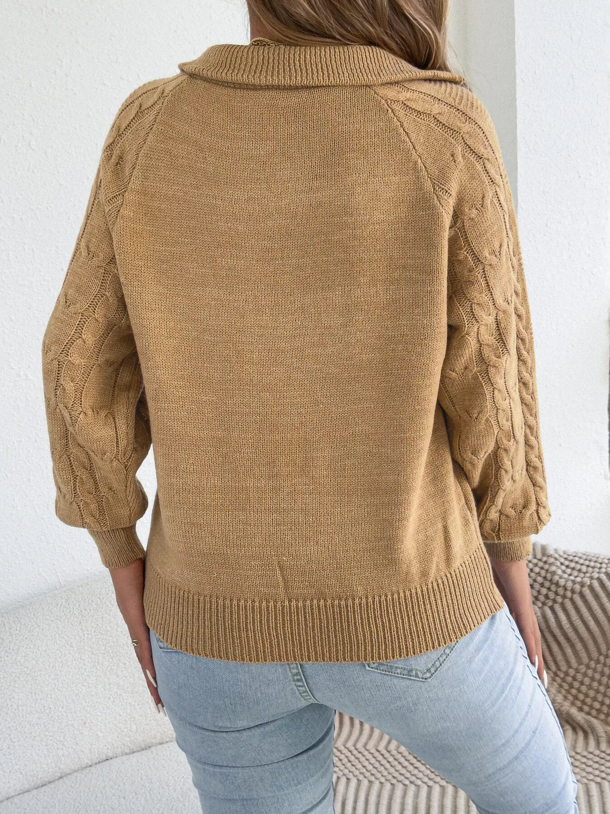 quarter-zip cable knit sweater – cable-knit,zipper | dropsona - neutral - usage example