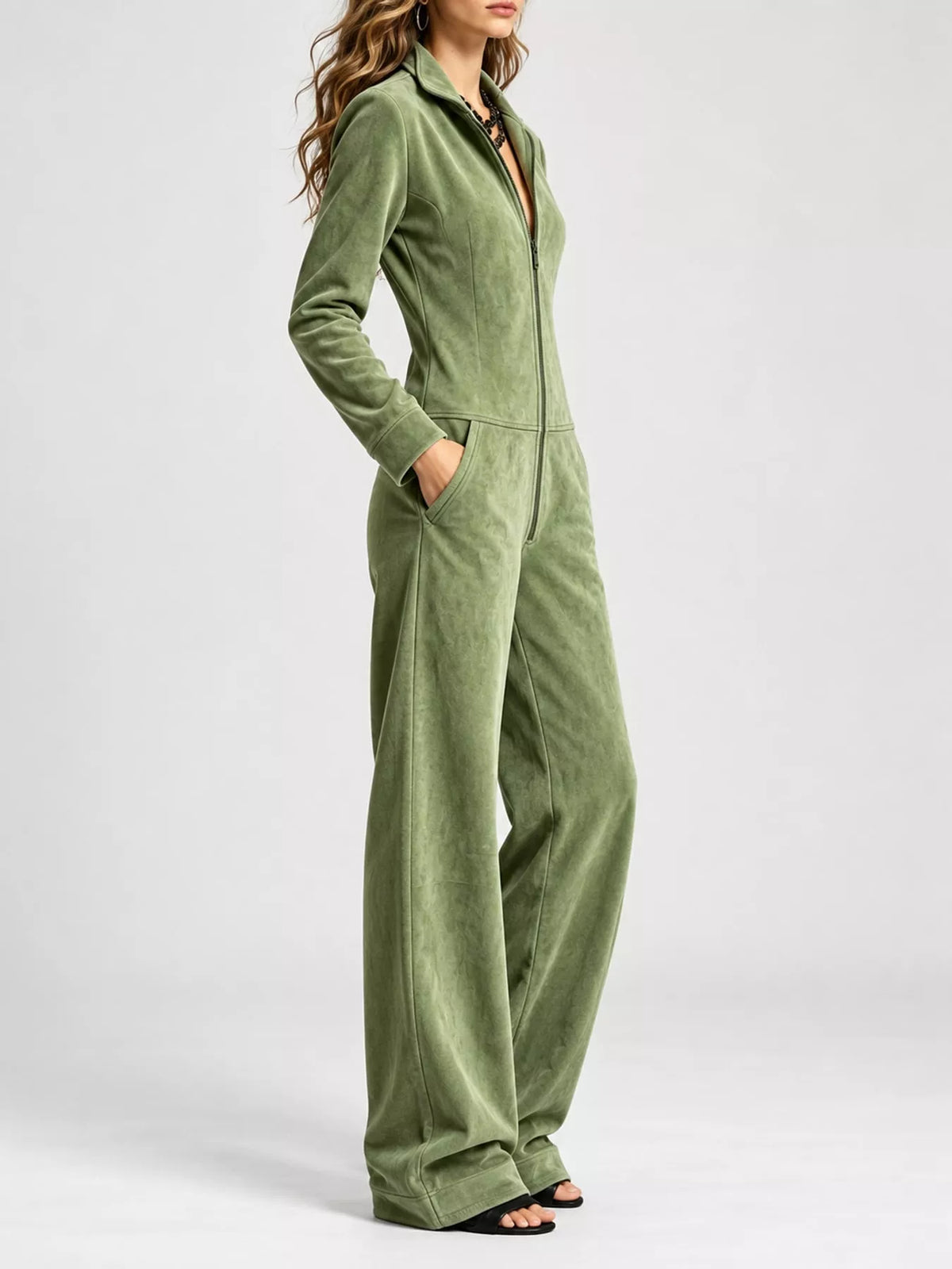 full size chic velour zip-up jumpsuit with pockets | dropsona - neutral - usage example