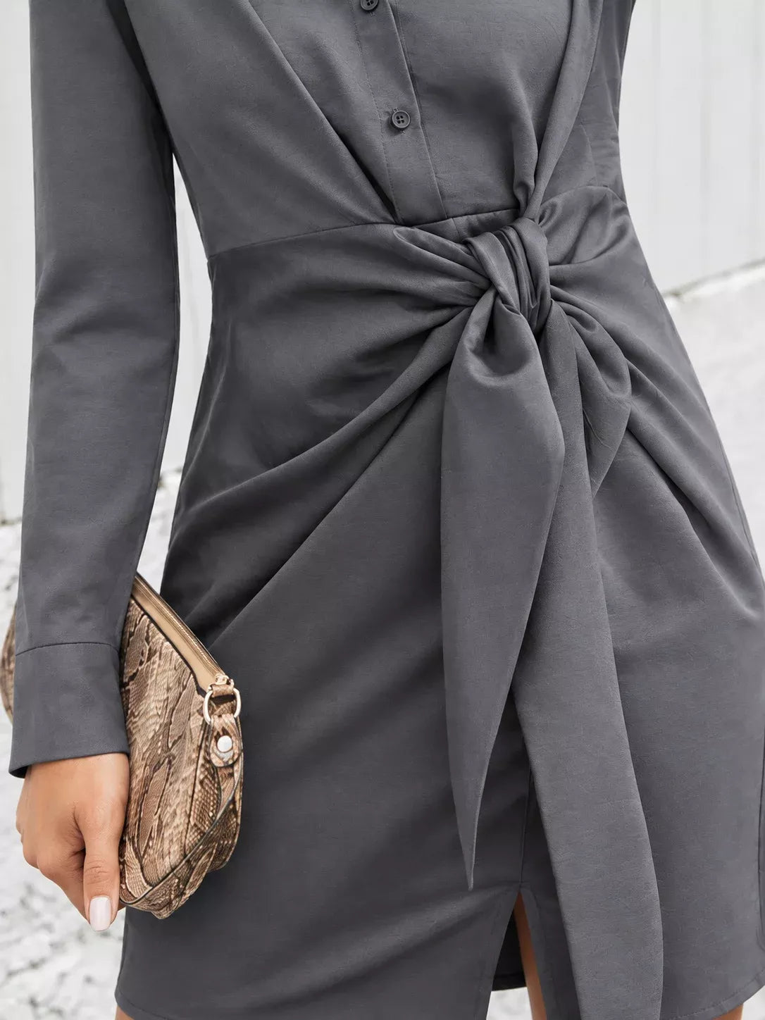 front-tie long sleeve shirt dress – tied, buttoned | dropsona - neutral - usage example
