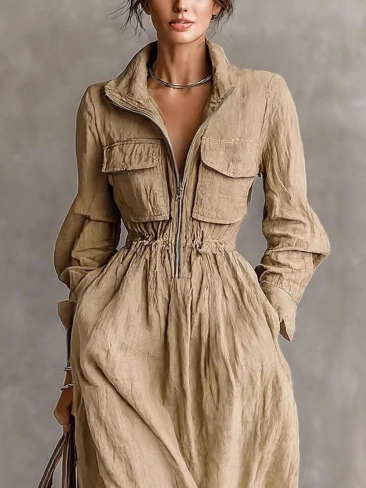 zip-front long sleeve maxi shirt dress | dropsona - neutral - front view
