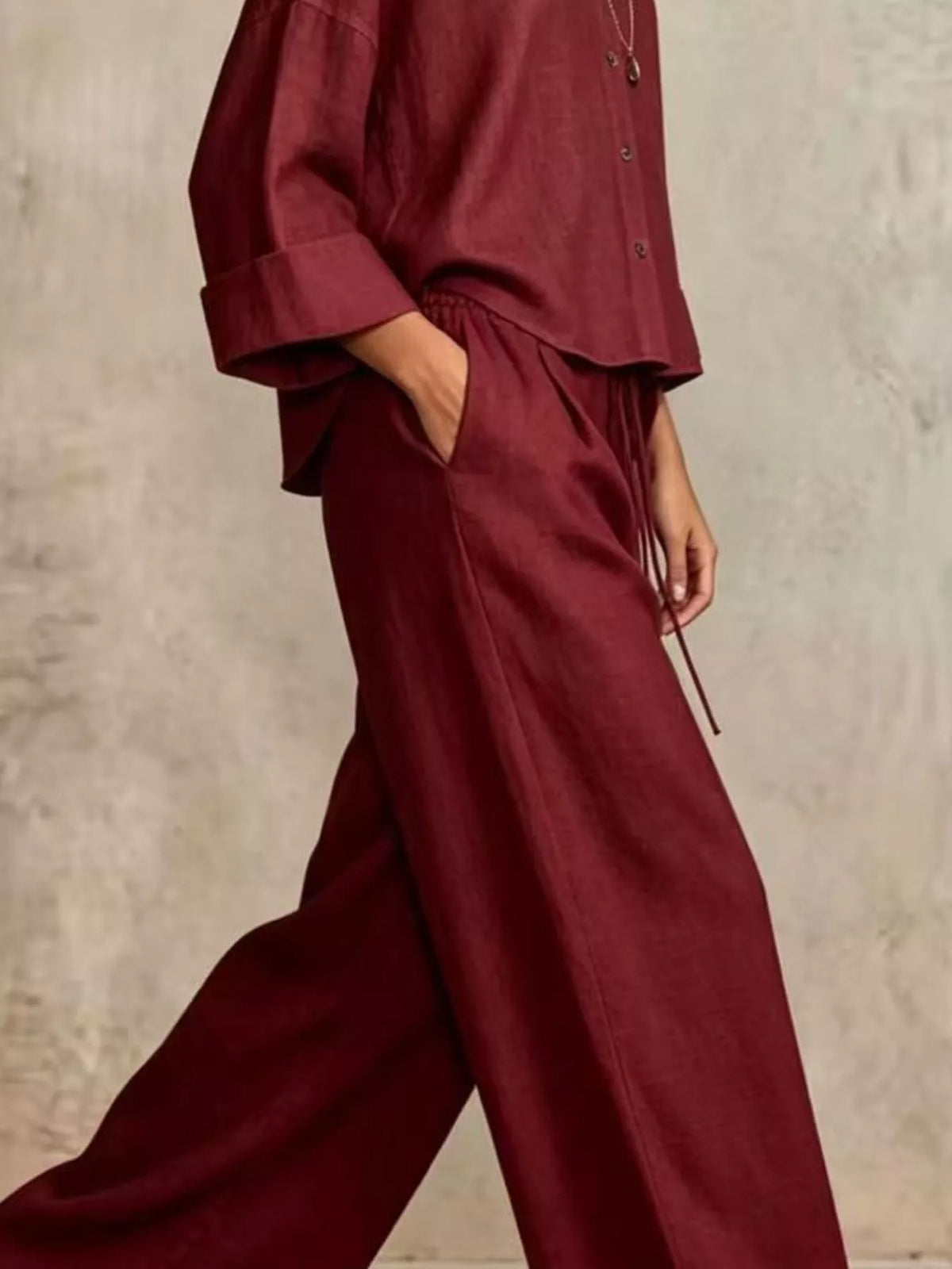 full size button-down shirt and wide-leg pants set | dropsona - neutral - size reference