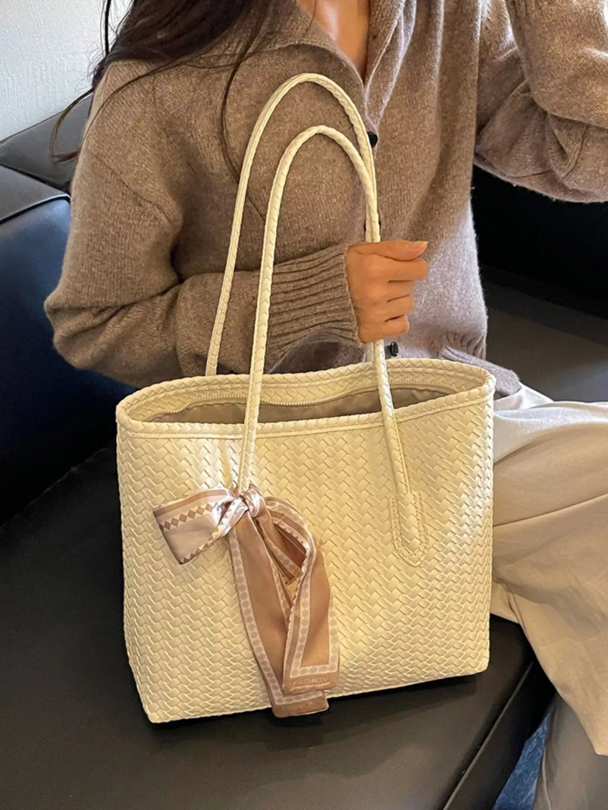 woven texture shoulder bag – stylish sling | dropsona - neutral - usage example