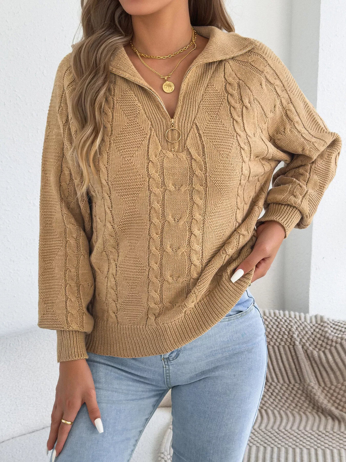 quarter-zip cable knit sweater – cable-knit,zipper | dropsona - neutral - size reference