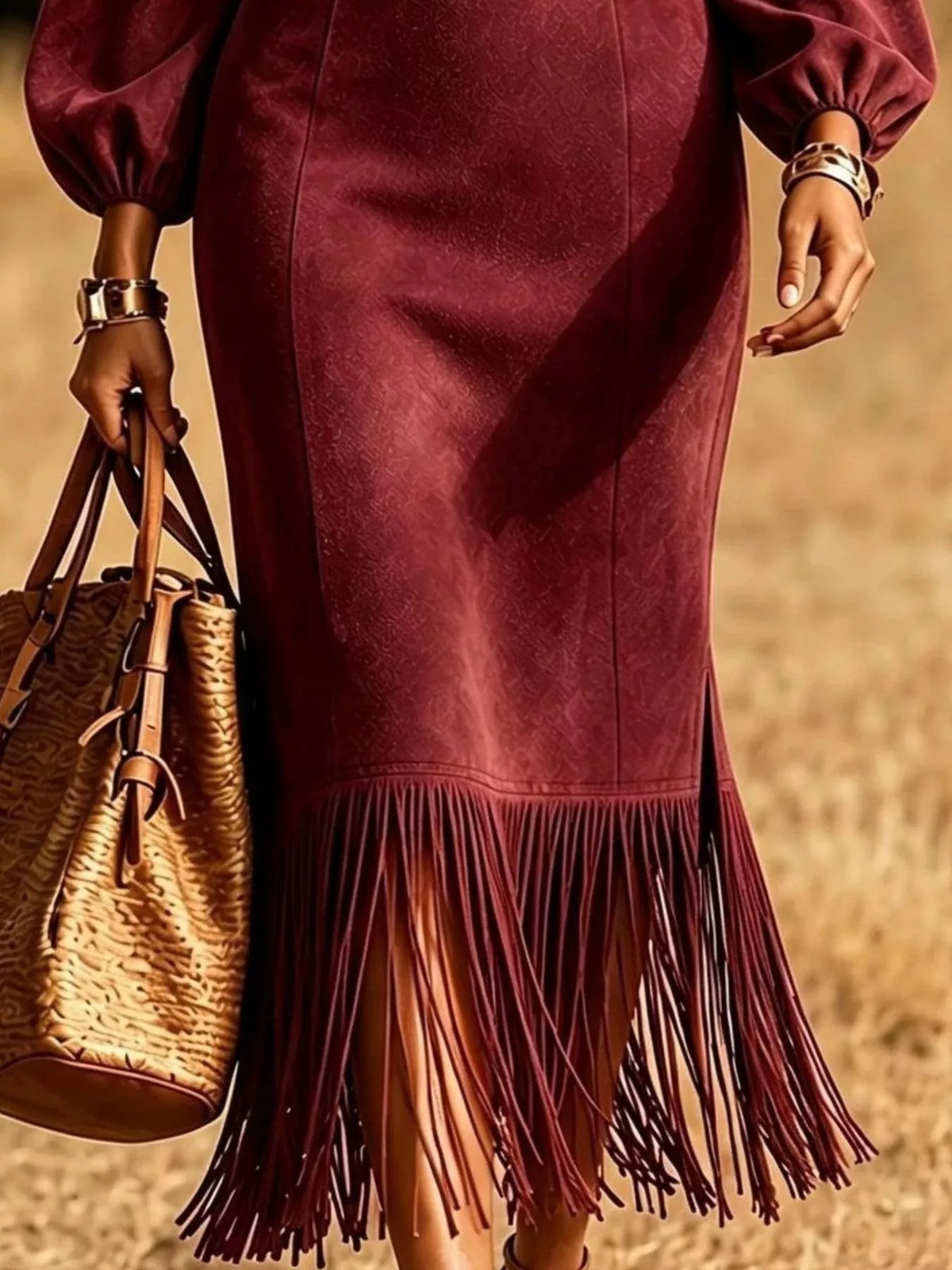 fringe round neck balloon sleeve dress – | dropsona - neutral - usage example