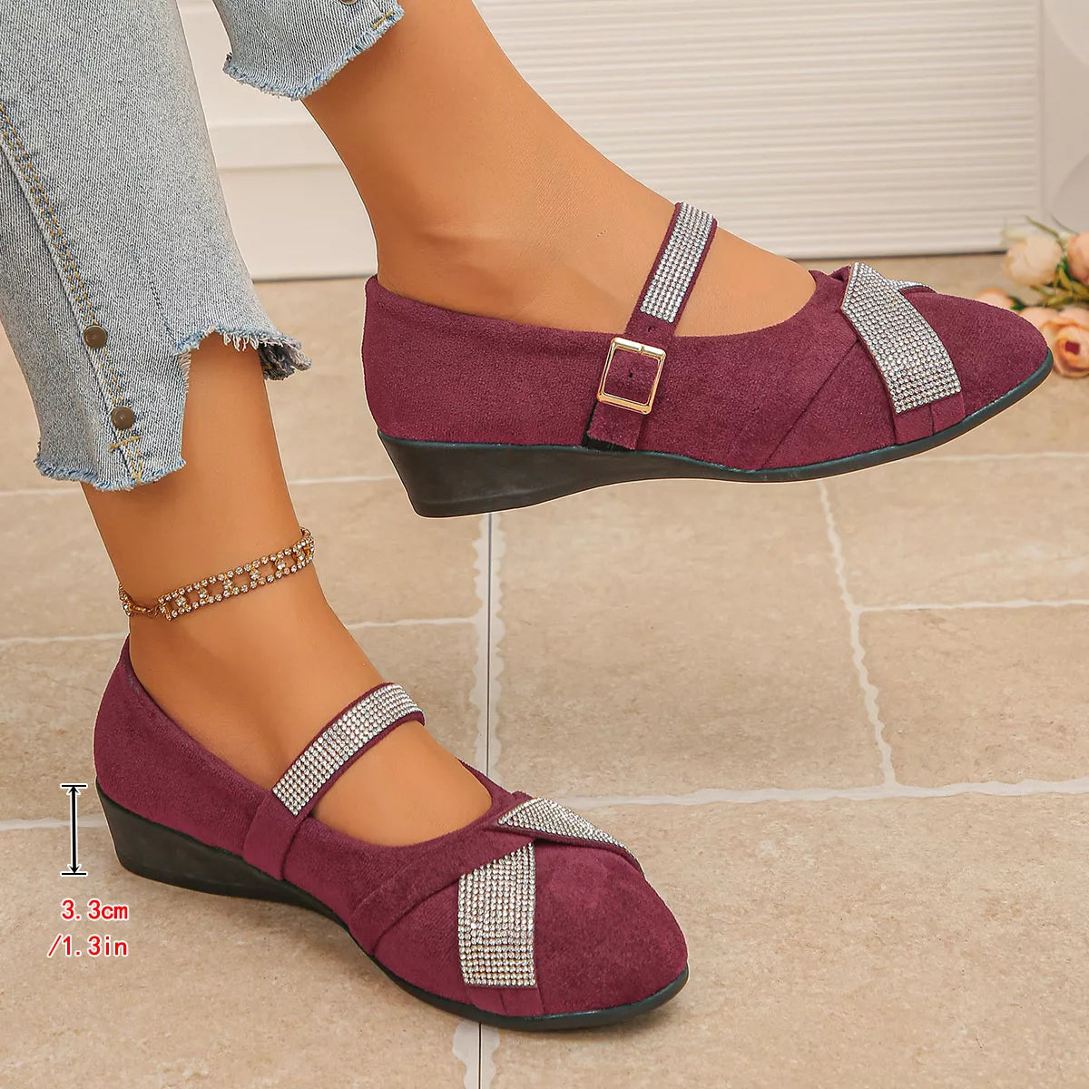 rhinestone embellished suede loafers with adjustable | dropsona - neutral - material texture