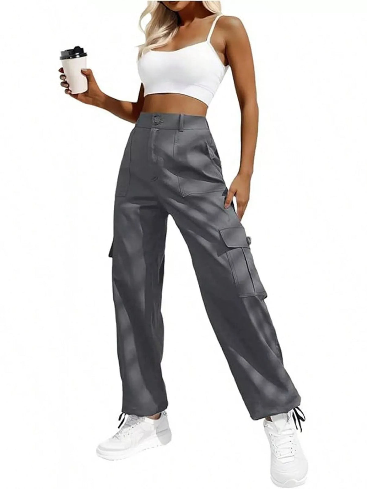 high-waisted cargo pants with drawstring cuffs | dropsona - neutral - packaging