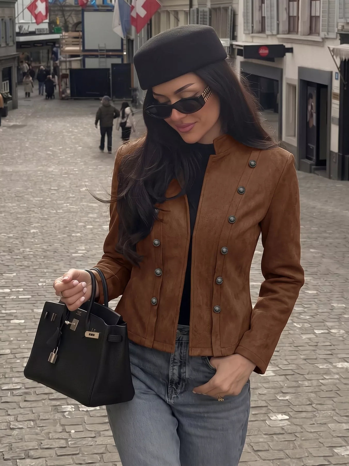 vintage stand collar cropped jacket | dropsona - neutral - material texture