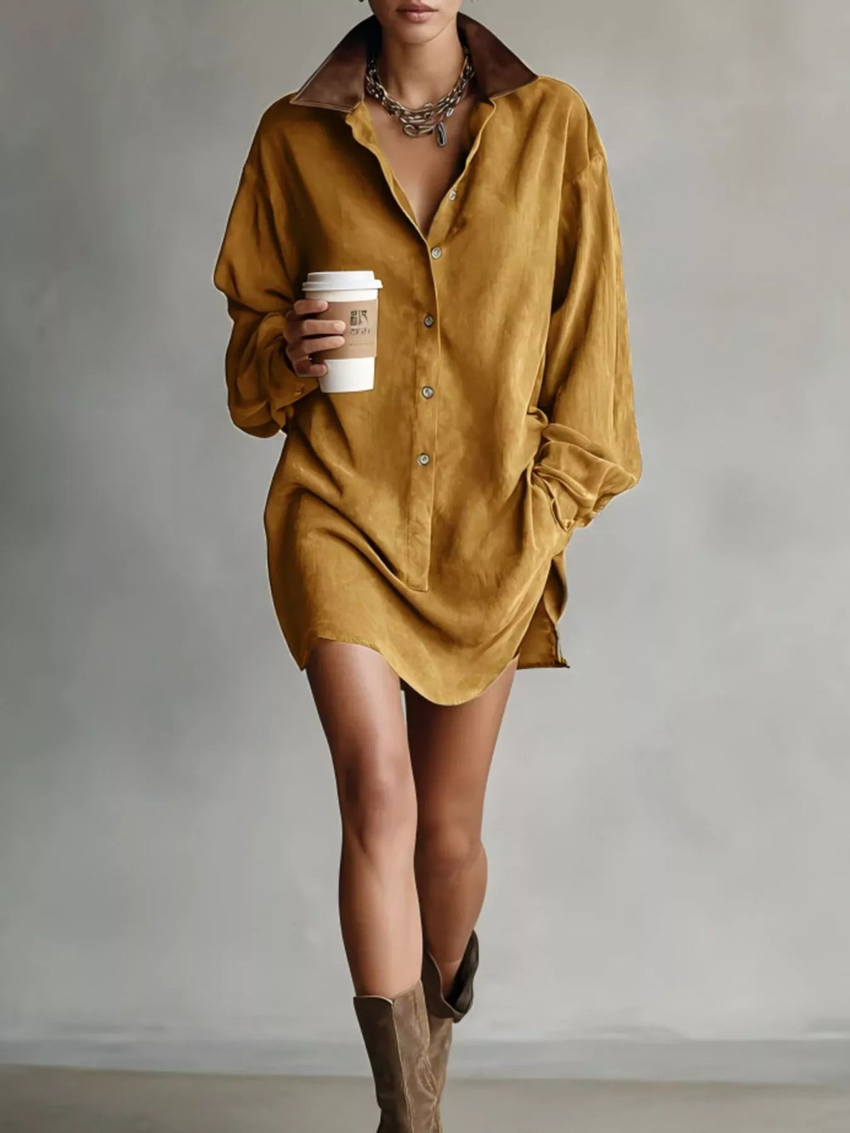 contrast collar mini shirt dress – buttoned | dropsona - neutral - size reference