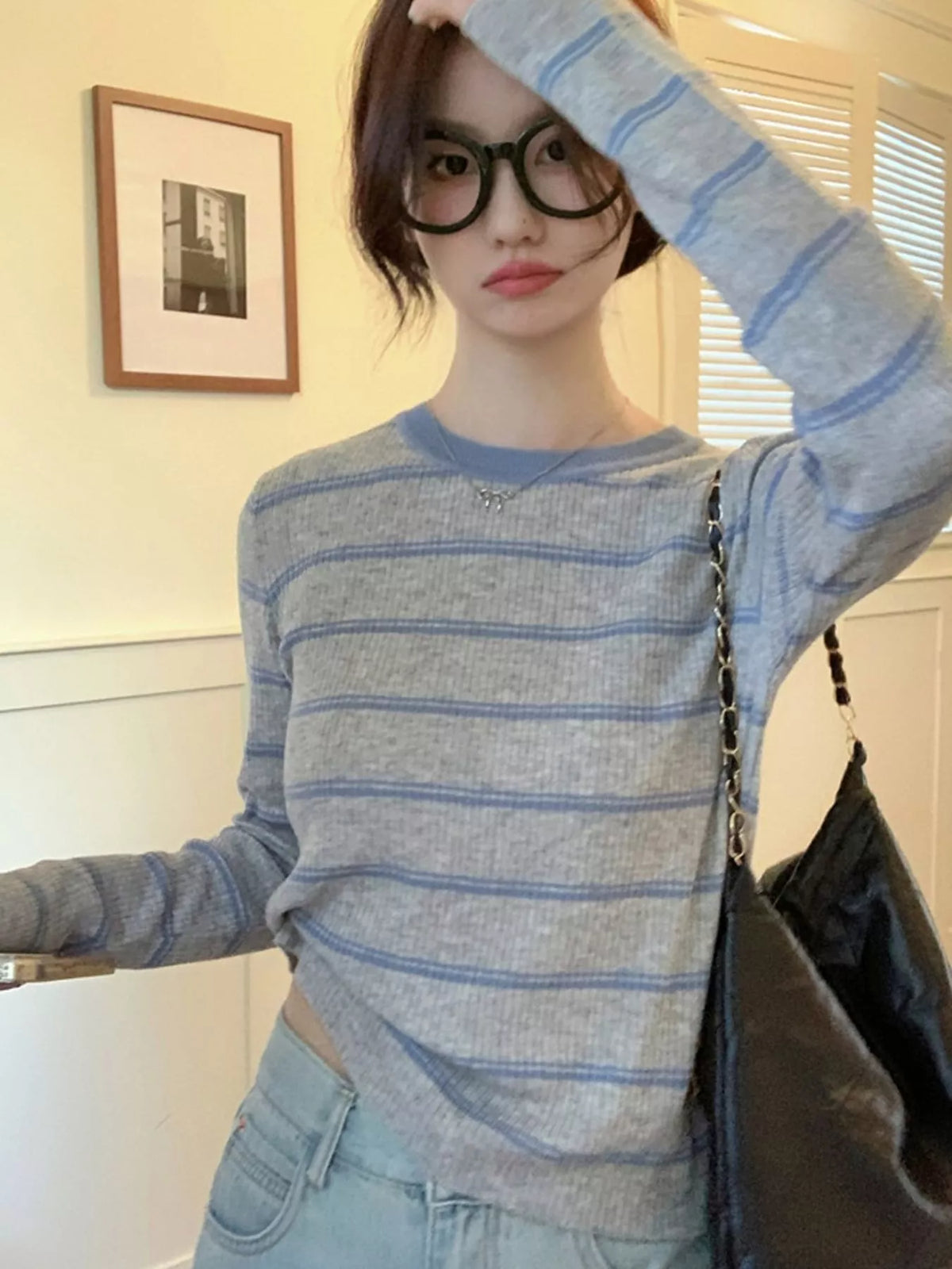 striped round neck ribbed knit top | dropsona - neutral - front view