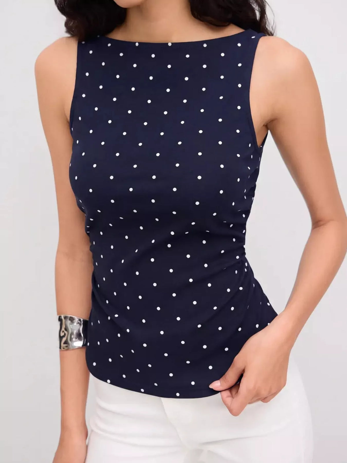 polka dot print sleeveless tank top with tie back | dropsona - neutral - size reference