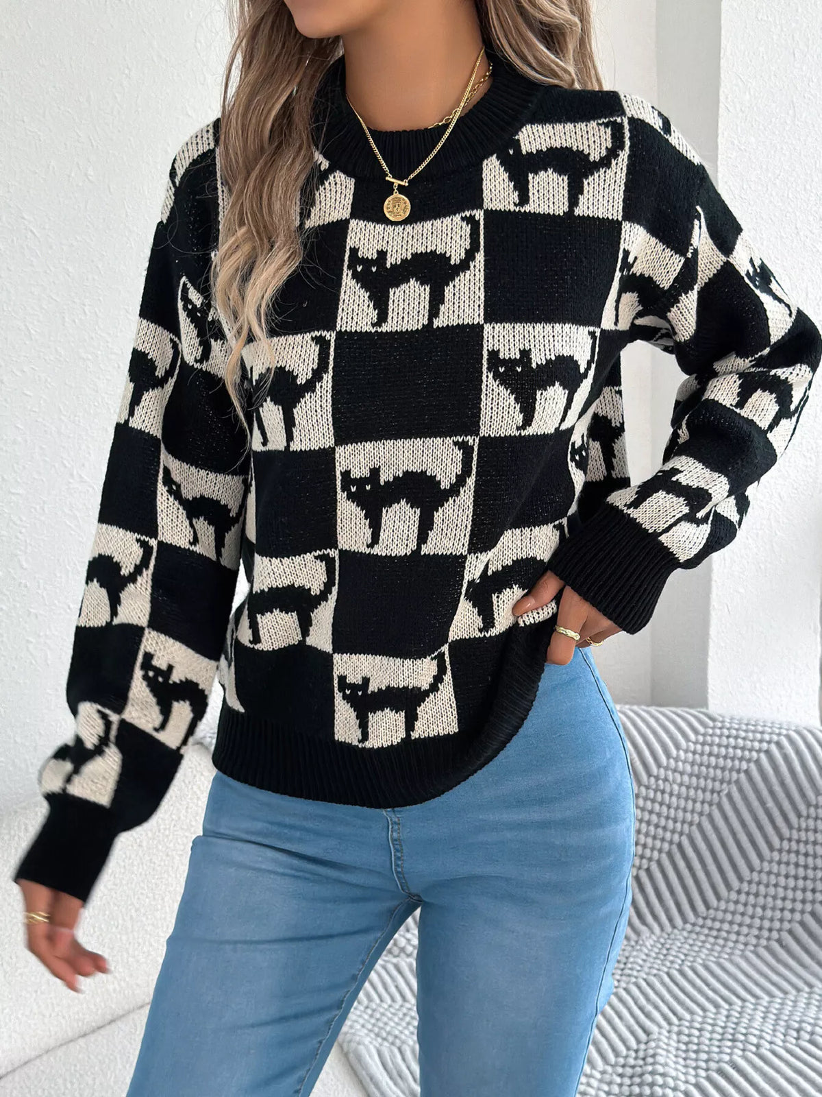 checkerboard halloween graphic sweater – basic style | dropsona - neutral - packaging
