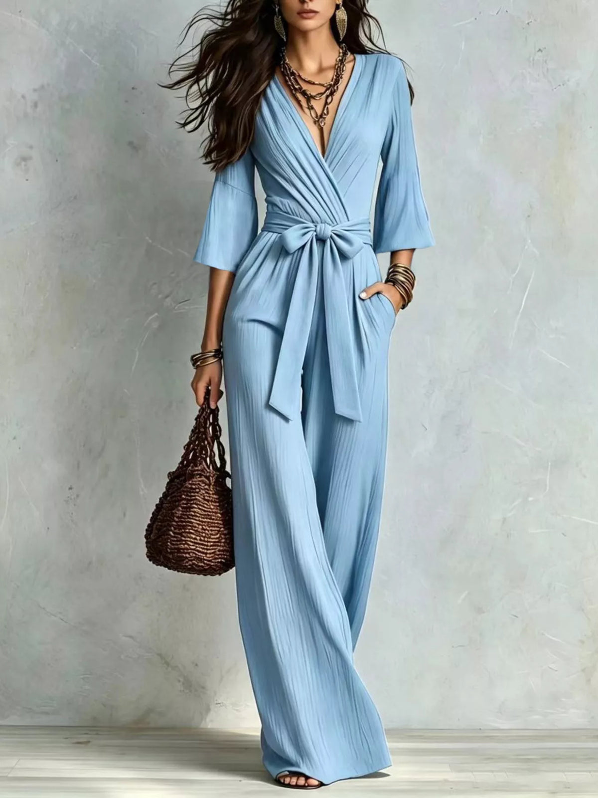 pleated wide-leg jumpsuit with tie-waist | dropsona - neutral - packaging
