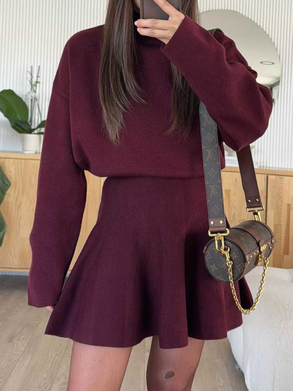 mock neck knit top and flared skirt set | dropsona - neutral - packaging