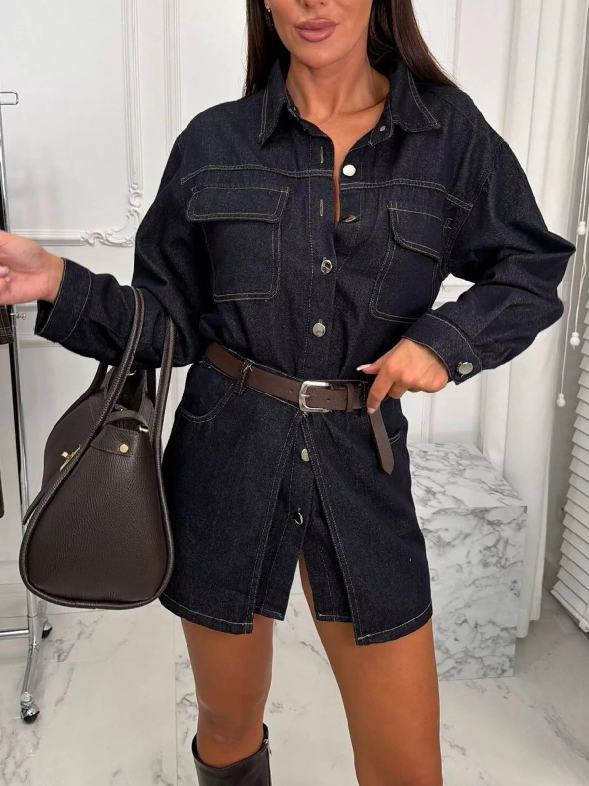 vintage washed denim jacket with chest pockets | dropsona - neutral - close-up detail