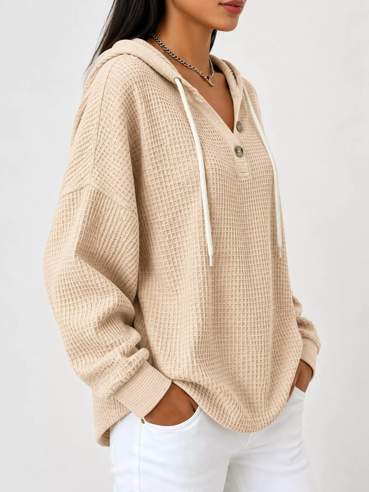 full size waffle knit button detail hoodie plus | dropsona - neutral - close-up detail