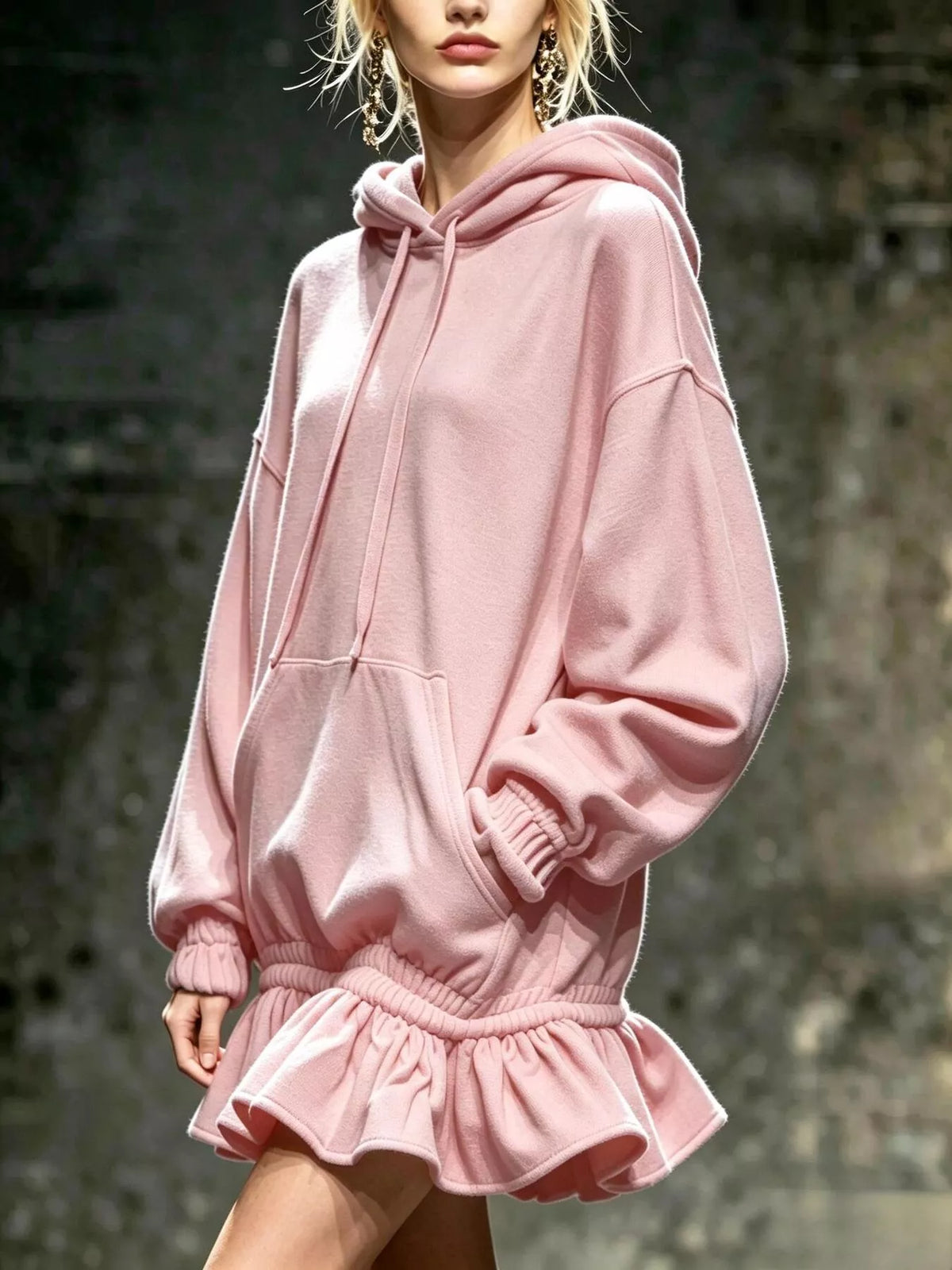 casual chic hoodie sweatshirt mini dress with ruffled | dropsona - neutral - size reference