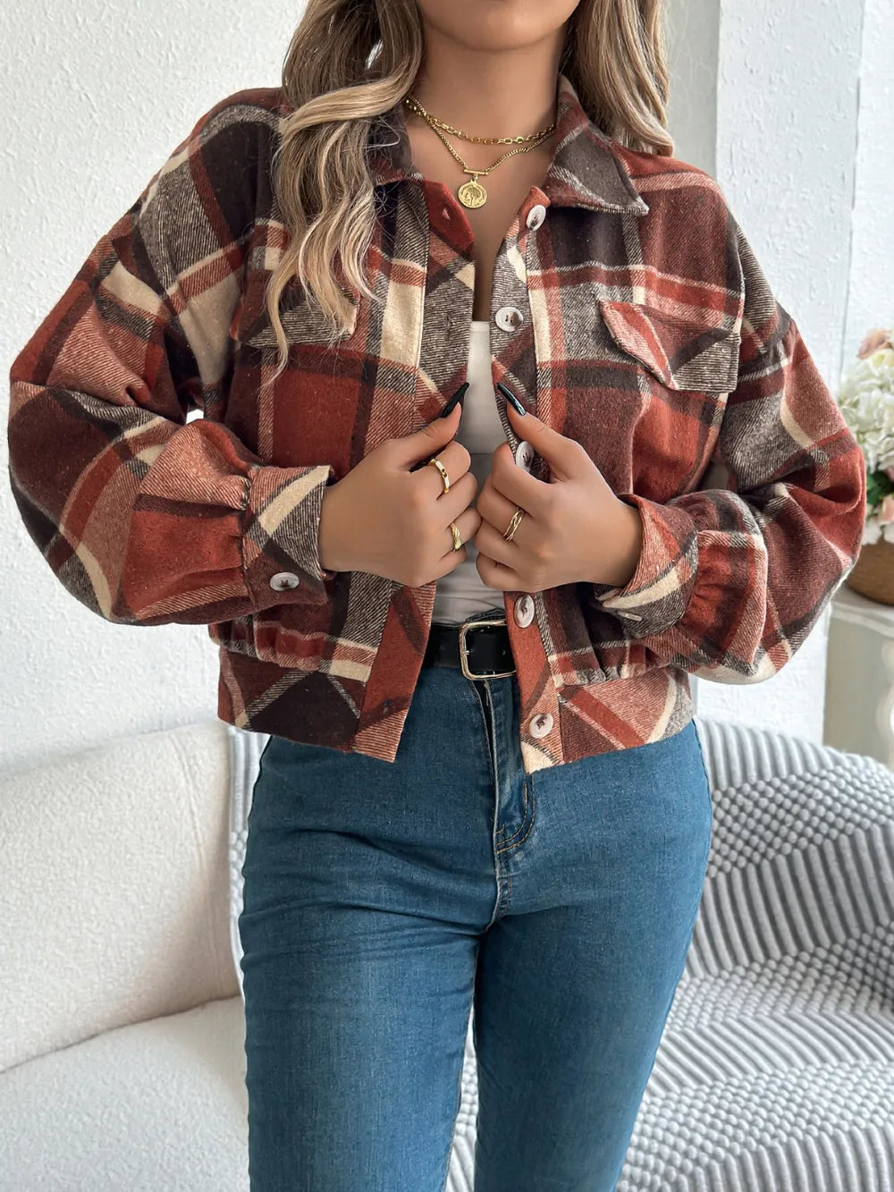 plaid button up long sleeve jacket – buttoned | dropsona - neutral - usage example