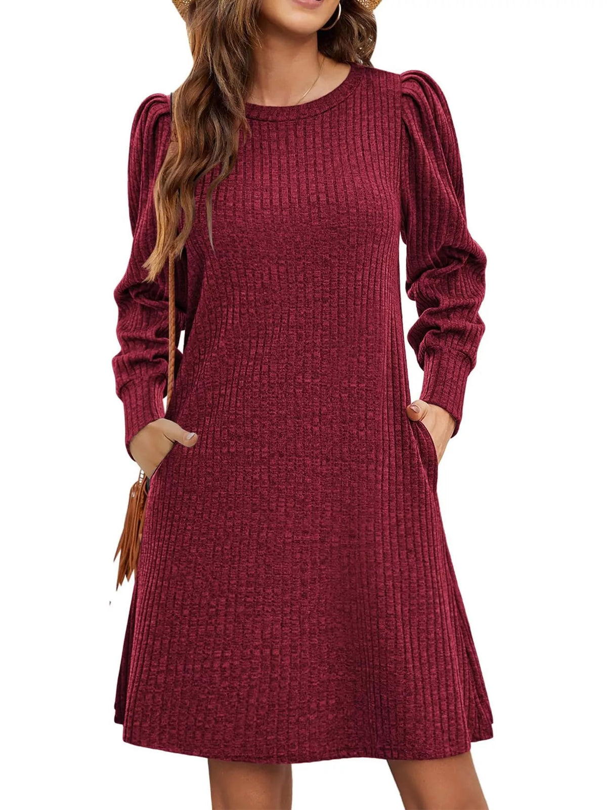 puff sleeve ribbed knit dress with pockets | dropsona - neutral - material texture