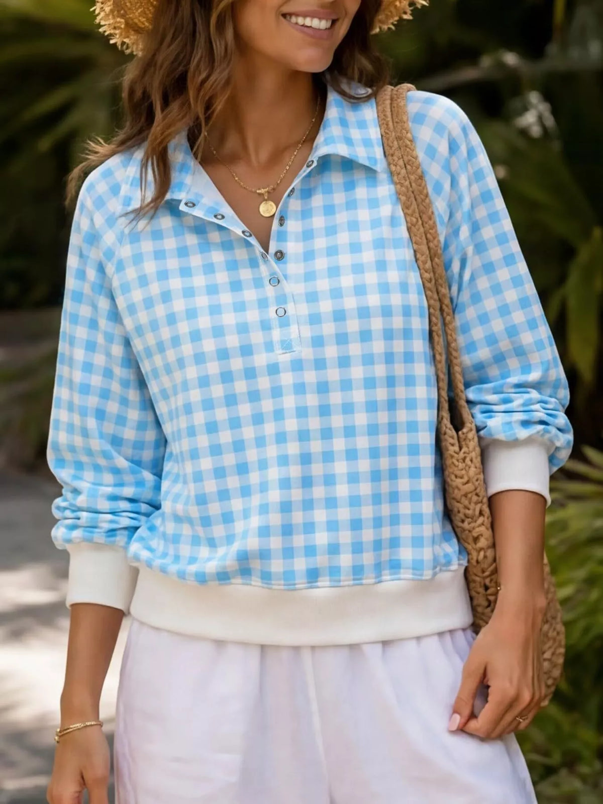 gingham plaid collared sweatshirt with ribbed hem | dropsona - neutral - packaging