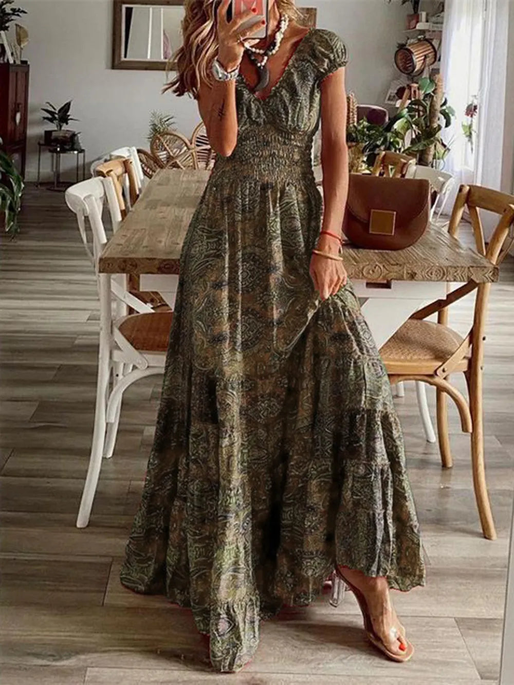 full size smocked printed v-neck short sleeve dress - front view