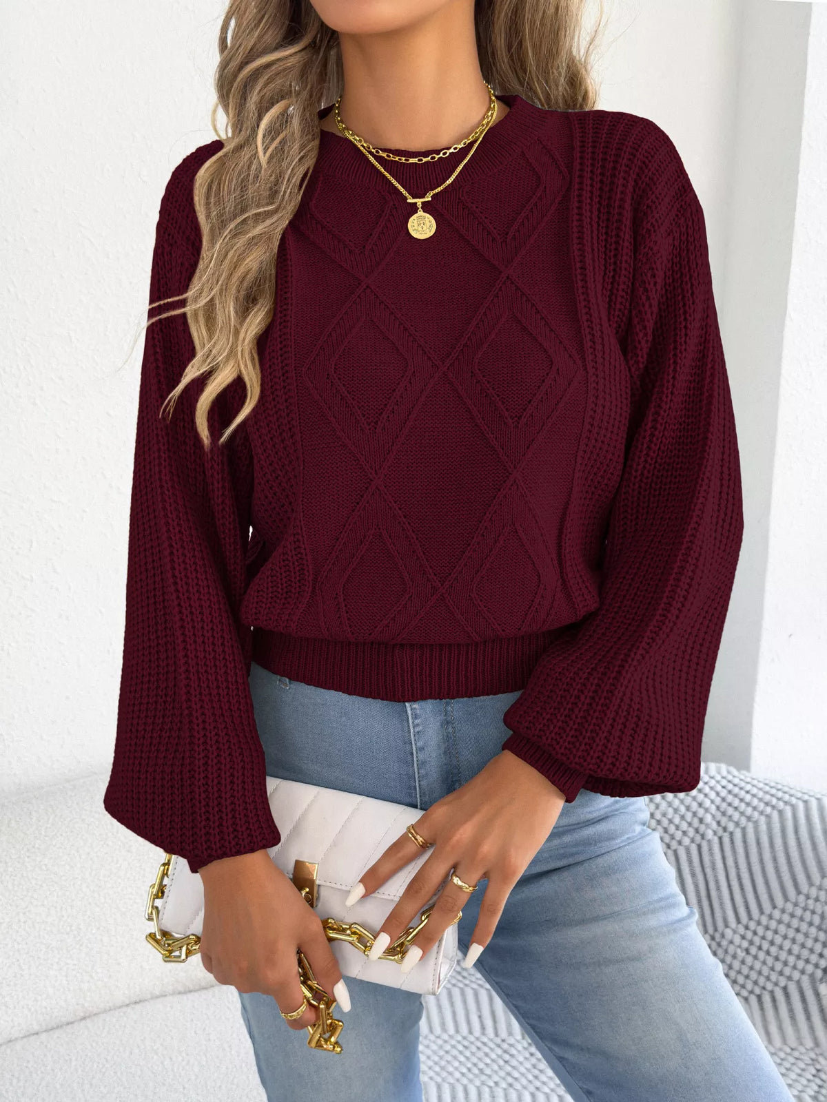 argyle pattern lantern sleeve knit sweater | dropsona - neutral - usage example