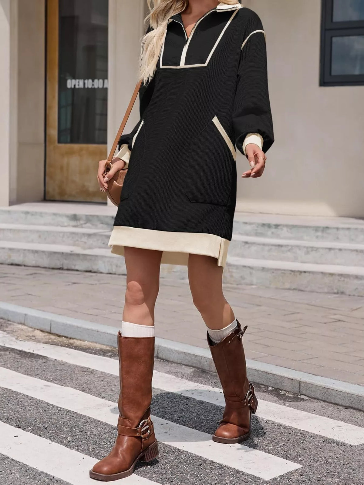 color block quarter-zip sweatshirt dress | dropsona - neutral - material texture