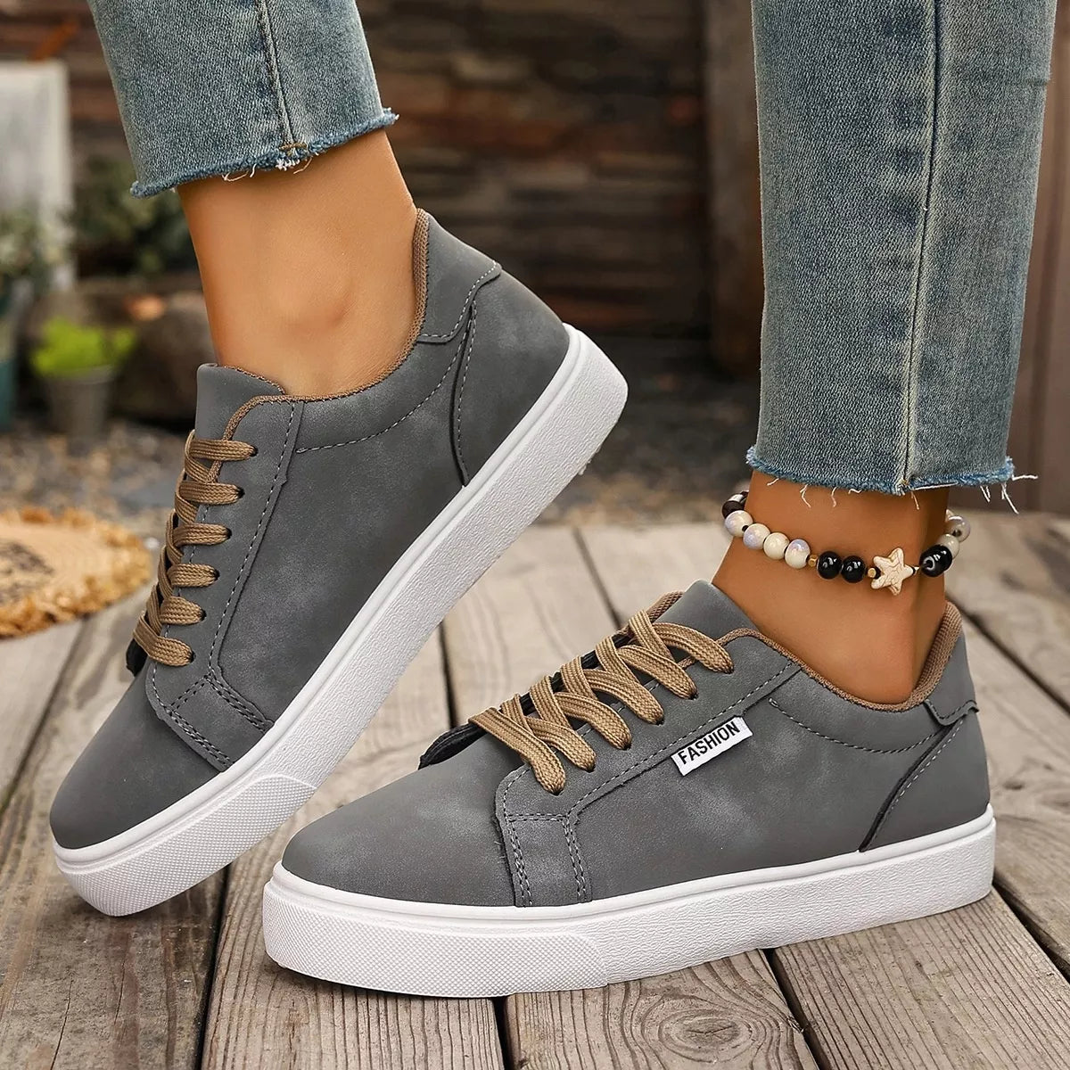 round toe lace up sneakers – aloha sandals | dropsona - neutral - front view