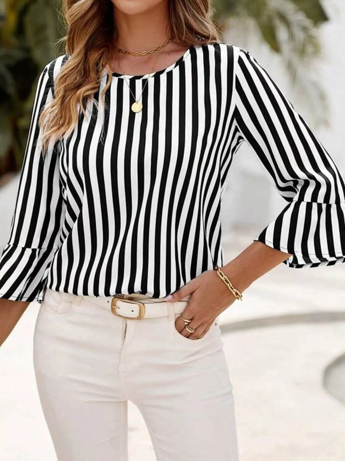 striped bell sleeve blouse – ruffled,basic style fit | dropsona - neutral - everyday use