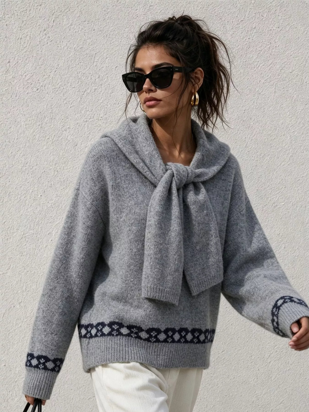 scarf detail dropped shoulder sweater – basic style | dropsona - neutral - size reference